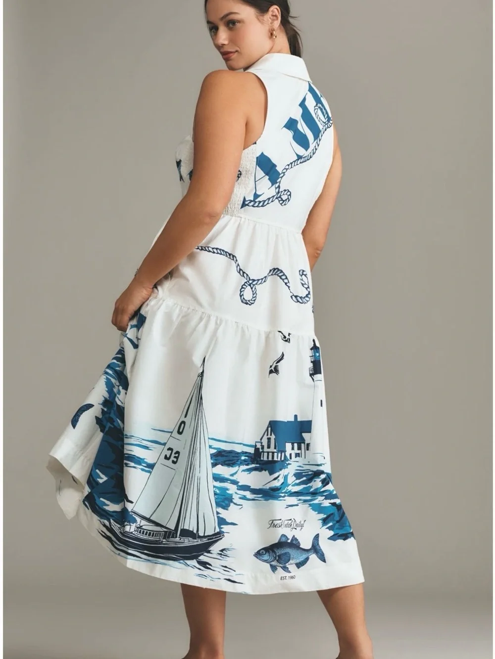 Maeve White & Navy Nautical Button-Front Midi Dress - Picture 4 of 13